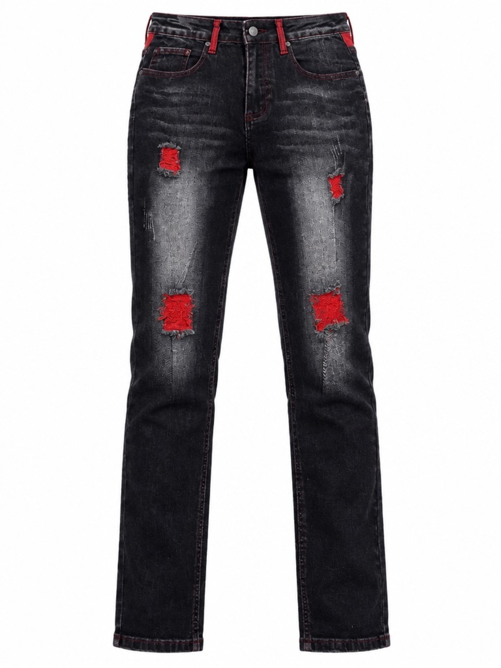 Men's Black Distressed Jeans with Red Patch Accents Size 30/29